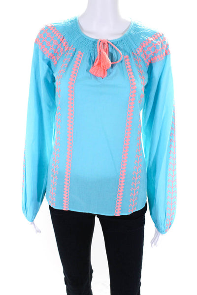 Lily Pulitzer Womens Blue Embroidered V-Neck Tassel Long Sleeve Blouse Top SizeS