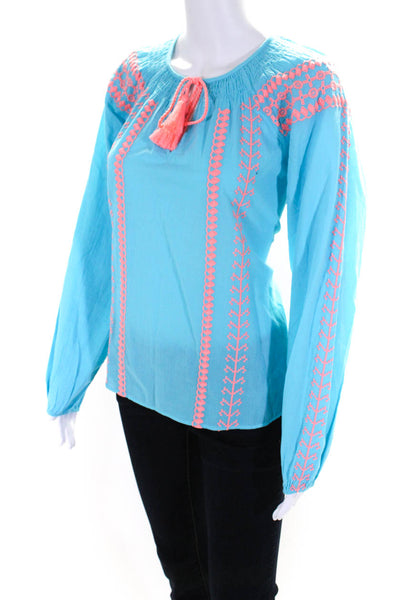 Lily Pulitzer Womens Blue Embroidered V-Neck Tassel Long Sleeve Blouse Top SizeS