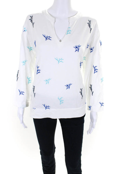 Nic + Zoe Womens White Cotton Printed V-Neck Long Sleeve Knit Blouse Top Size M