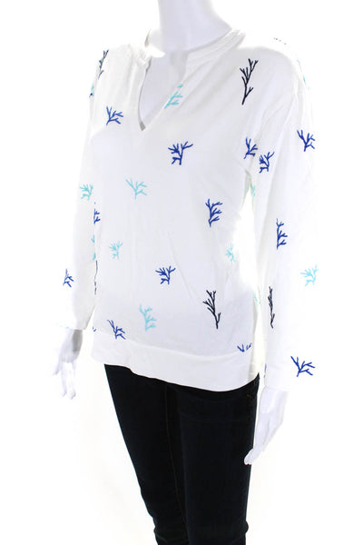 Nic + Zoe Womens White Cotton Printed V-Neck Long Sleeve Knit Blouse Top Size M