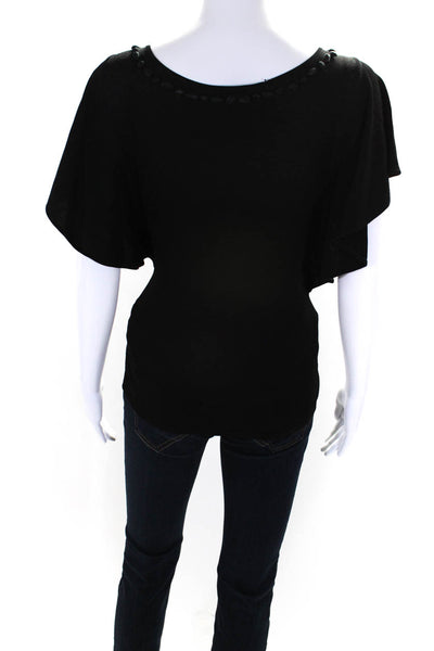 Escada Women's Round Neck Short Sleeves Embellish Blouse Black Size 38