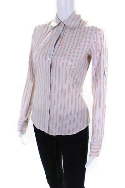Theory Womens Stretch Cotton Striped Collared Button Up Blouse Top Blue Size P