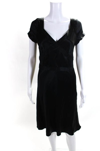 Cacharel Womens V Neck Satin Cap Sleeve Sheath Dress Black Silk Size Small