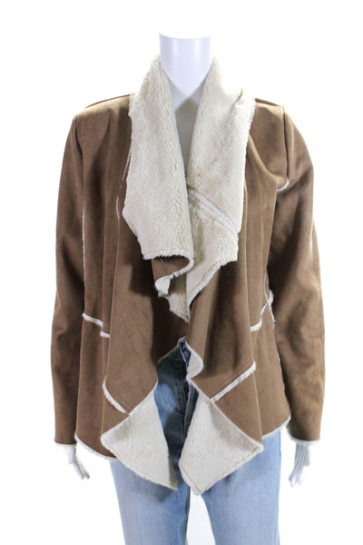 Lovestitch Womens Faux Shearling Waterfall Open Front Coat Brown Size Small