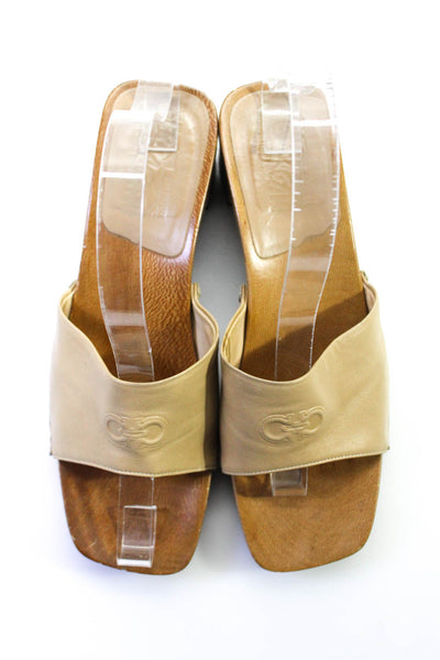 Salvatore Ferragamo Womens Square Toe Slip-On Block Heels Sandals Beige Size 7.5