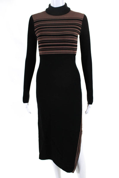 Toccin Womens Ribbed Stripe Midi Turtleneck Sweater Dress Brown Black Size XS