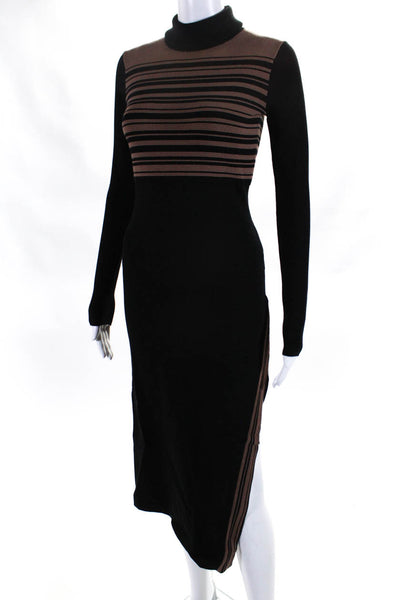 Toccin Womens Ribbed Stripe Midi Turtleneck Sweater Dress Brown Black Size XS