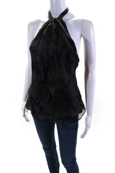 Milly Women's V-Neck Halter Floral Silk Blouse Black Size 4