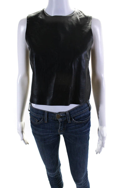 Theory Womens Leather Round Neck Sleeveless Zip Up Blouse Top Black Size P