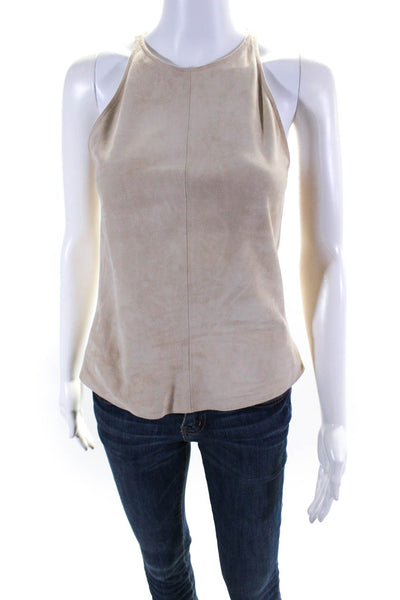 Theory Womens Suede Crew Neck Zip Up Sleeveless Blouse Tank Top Beige Size P