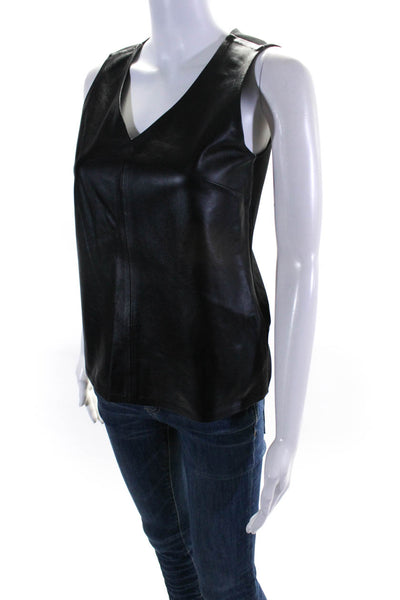 Theory Womens Leather Knit V-Neck Zip Up Sleeveless Blouse Top Black Size P