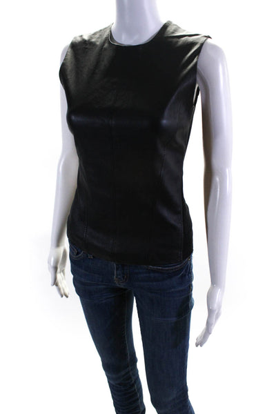 Theory Womens Knit Zip Up Leather Crew Neck Sleeveless Blouse Top Black Size P