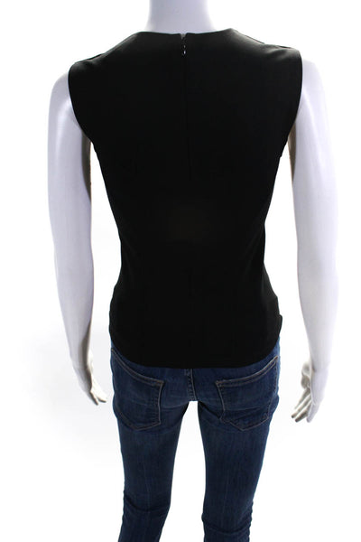 Theory Womens Knit Zip Up Leather Crew Neck Sleeveless Blouse Top Black Size P
