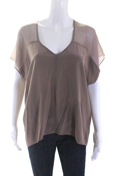 Waverly Grey Womens Short Sleeve V Neck Sheer Trim Silk Top Brown Size Small