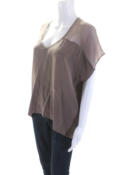 Waverly Grey Womens Short Sleeve V Neck Sheer Trim Silk Top Brown Size Small