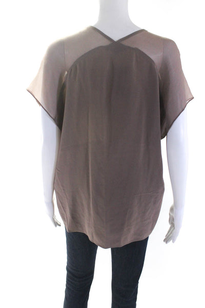 Waverly Grey Womens Short Sleeve V Neck Sheer Trim Silk Top Brown Size Small