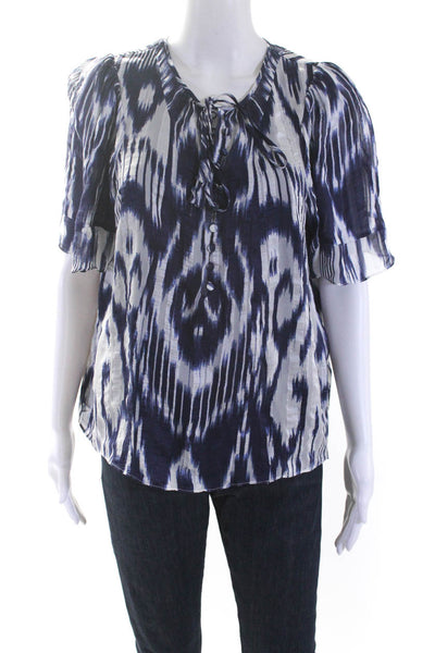 Rebecca Taylor Womens Short Sleeve Half Button Ikat Silk Top Navy White Size 6