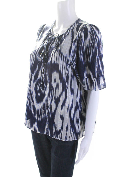 Rebecca Taylor Womens Short Sleeve Half Button Ikat Silk Top Navy White Size 6