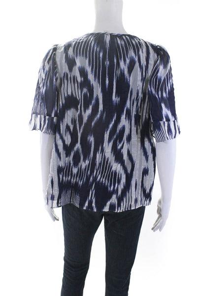 Rebecca Taylor Womens Short Sleeve Half Button Ikat Silk Top Navy White Size 6