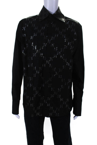 Karl Lagerfeld Mens Button Front Rhinestone Argyle Shirt Black Cotton Size XL