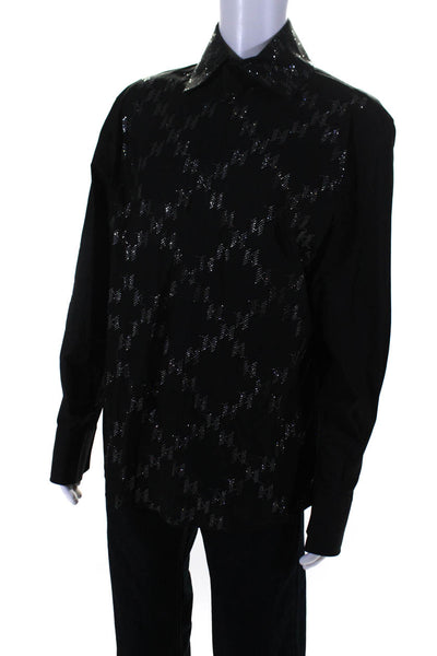 Karl Lagerfeld Mens Button Front Rhinestone Argyle Shirt Black Cotton Size XL