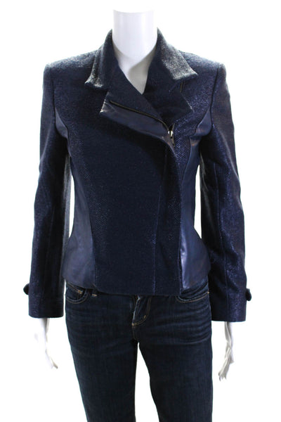 Artelier Nicole Miller Womens Blue Cotton Leather Textured Full Zip Jacket SizeP
