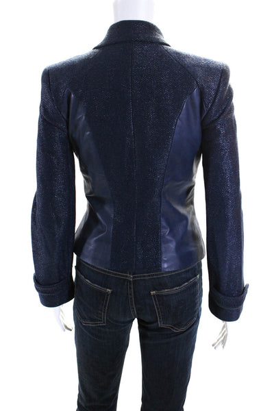 Artelier Nicole Miller Womens Blue Cotton Leather Textured Full Zip Jacket SizeP