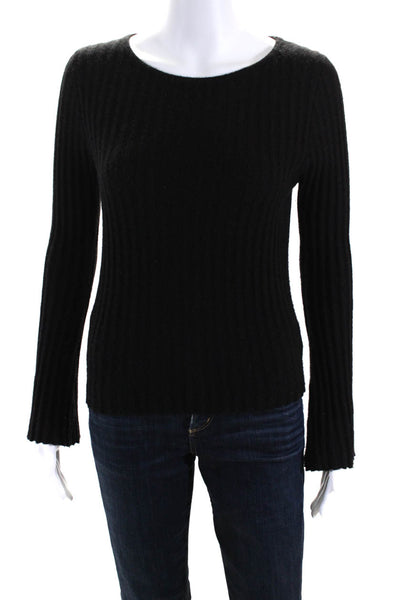 360 Cashmere Womens Black Cashmere Ribbed Long Sleeve Pullover Sweater Top SizeS