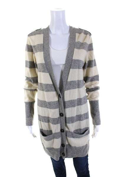 Vince Women's Long Sleeves Open Front Cashmere Cardigan Gray Stripe Size M