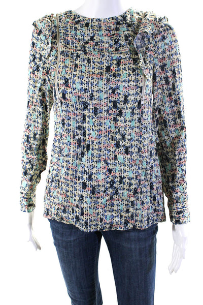 Reiss Womens Crepe Abstract Print Ruffle Zipper Detailed Blouse Top Blue Size 2
