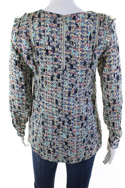 Reiss Womens Crepe Abstract Print Ruffle Zipper Detailed Blouse Top Blue Size 2
