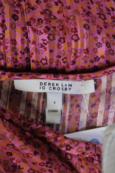 Derek Lam 10 Crosby Womens Metallic Floral Print Long Sleeve Blouse Pink Size 2