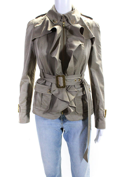 Elevenses Anthropologie Womens Full Zip Belted Twill Ruffle Jacket Beige Size 2