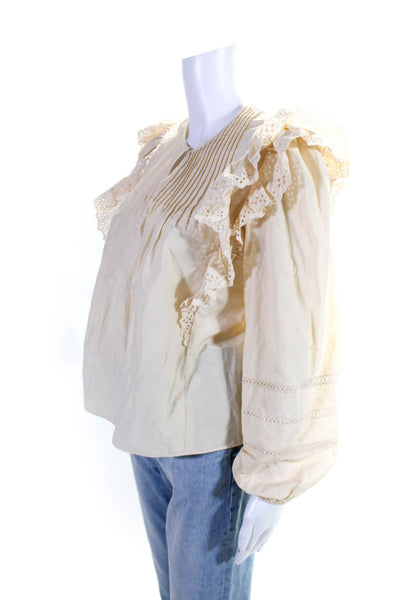 The Westside Womens Cotton Buttoned V-Neck Pleated Ruffled Blouse Beige Size XS