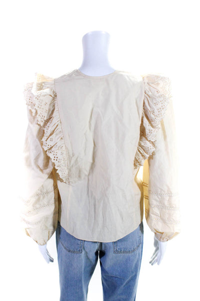 The Westside Womens Cotton Buttoned V-Neck Pleated Ruffled Blouse Beige Size XS