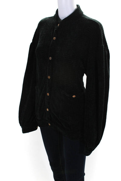 Vita Grace Womens Chenille Button Up Long Sleeve Blouse Top Black Size L