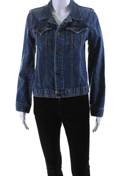 Earl Jean Womens Cotton Medium Wash Buttoned Collared Denim Jacket Blue Size M