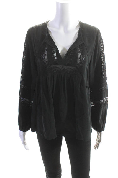 Joie Womens Lace Trim Long Sleeve Tie Neck Top Blouse Black Silk Size Small