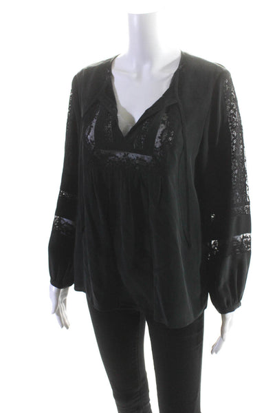 Joie Womens Lace Trim Long Sleeve Tie Neck Top Blouse Black Silk Size Small