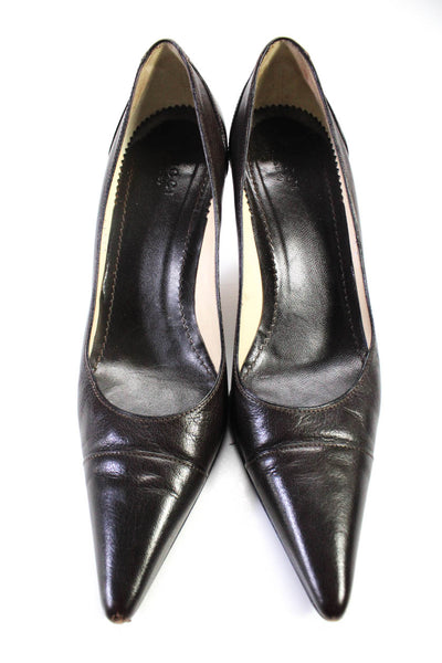 Gucci Womens Leather Pointed Cap Toe Spool Mid Heel Pumps Dark Brown Size 7.5US