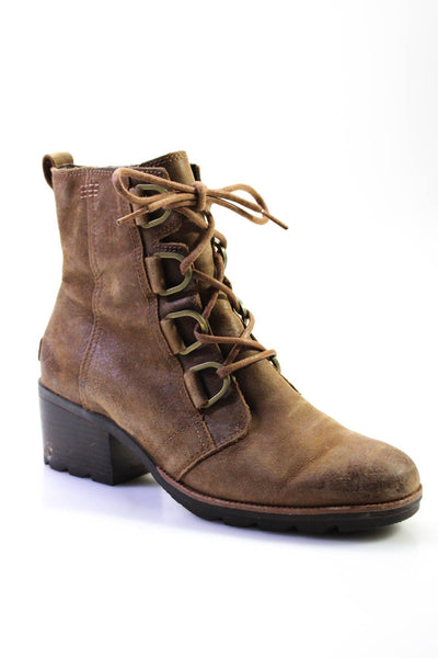 Sorel Womens Lace Up Block Heel Combat Ankle Boots Brown Suede Size 8.5