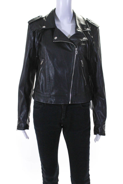 BLANKNYC Womens Front Zip Collared Fringe Faux Leather Jacket Black Size Medium