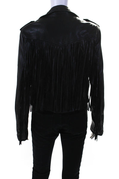 BLANKNYC Womens Front Zip Collared Fringe Faux Leather Jacket Black Size Medium