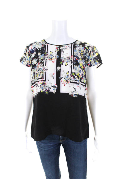 Erdem Womens Short Sleeve Scoop Neck Floral Silk Boxy Top Black Multi Size 10