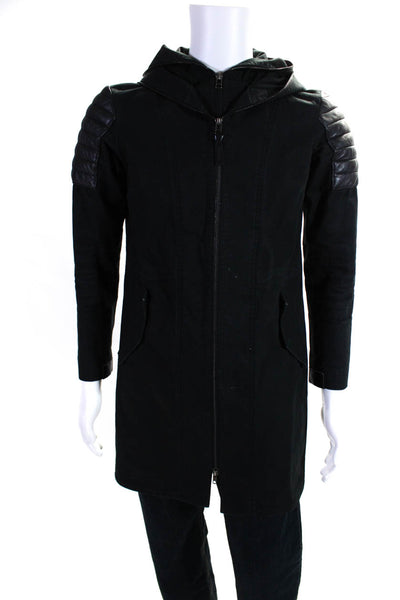 Mackage Men's Cotton Leather Trim Double Zip Hooded Jacket Black Size S