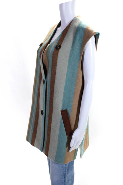 Iris Setlakwe Womens Wool Striped Double Breasted V-Neck Vest Blue Beige Size 10