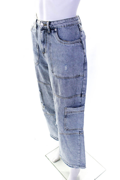 Avec Les Filles Womens Distressed Wide Leg Mid Rise Cargo Jeans Blue Size 27