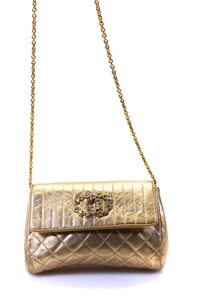 Chanel Womens Quilted Leather Flap Over Chain Strap Mini Strass Crossbody Gold H