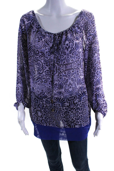 Rachel Roy Womens Purple Floral Print V-Neck Long Sleeve Tunic Blouse Top Size M