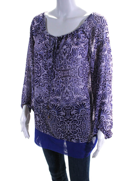 Rachel Roy Womens Purple Floral Print V-Neck Long Sleeve Tunic Blouse Top Size M